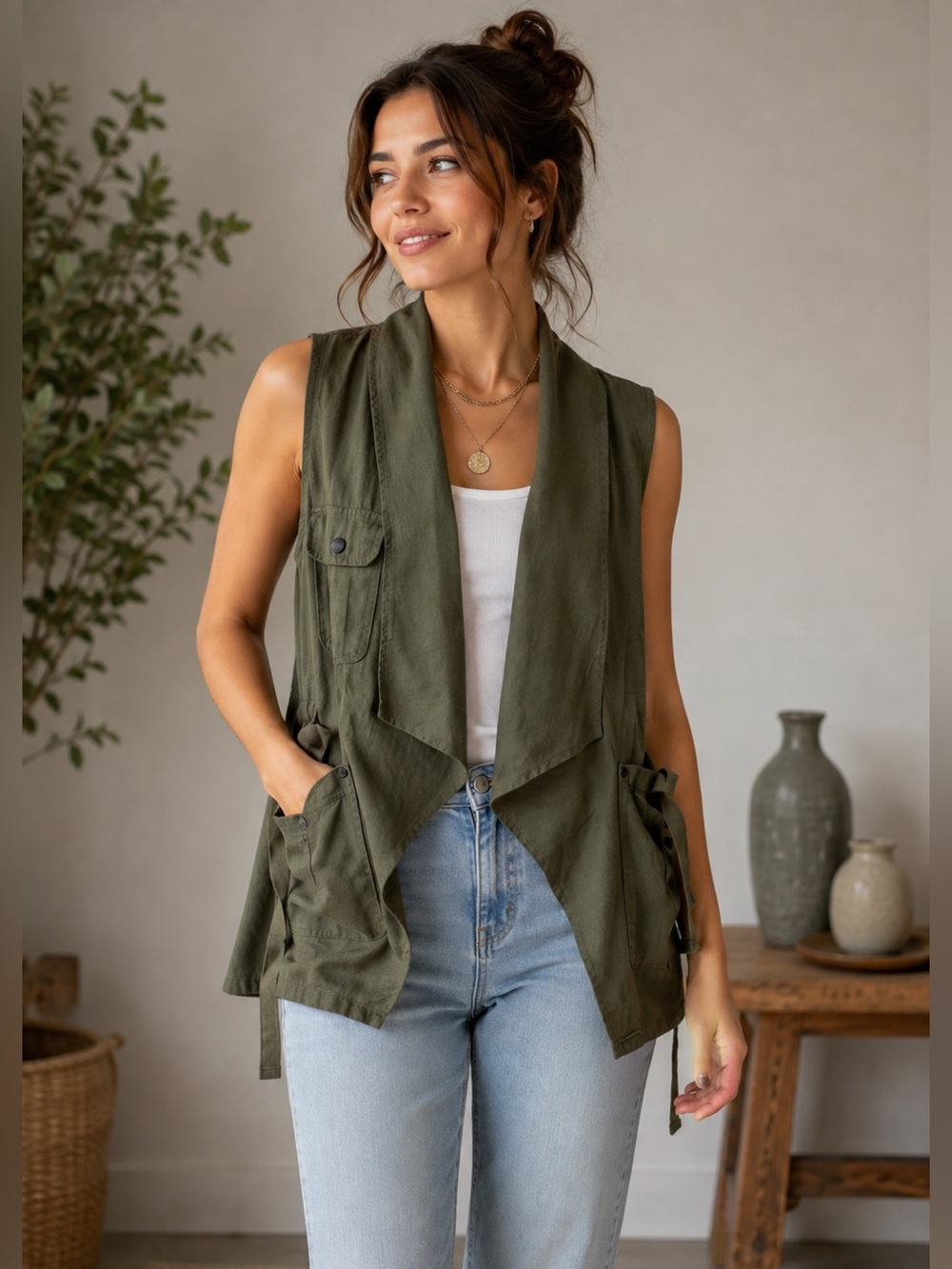 Sanctuary‎ Olive Utility Vest Small Draped Open Front Cargo Safari